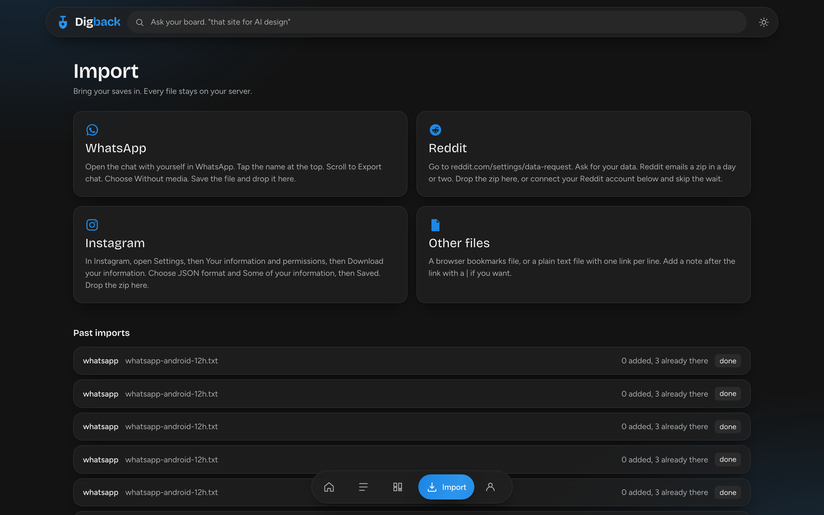 The Digback import screen with tiles for WhatsApp, Reddit and Instagram
