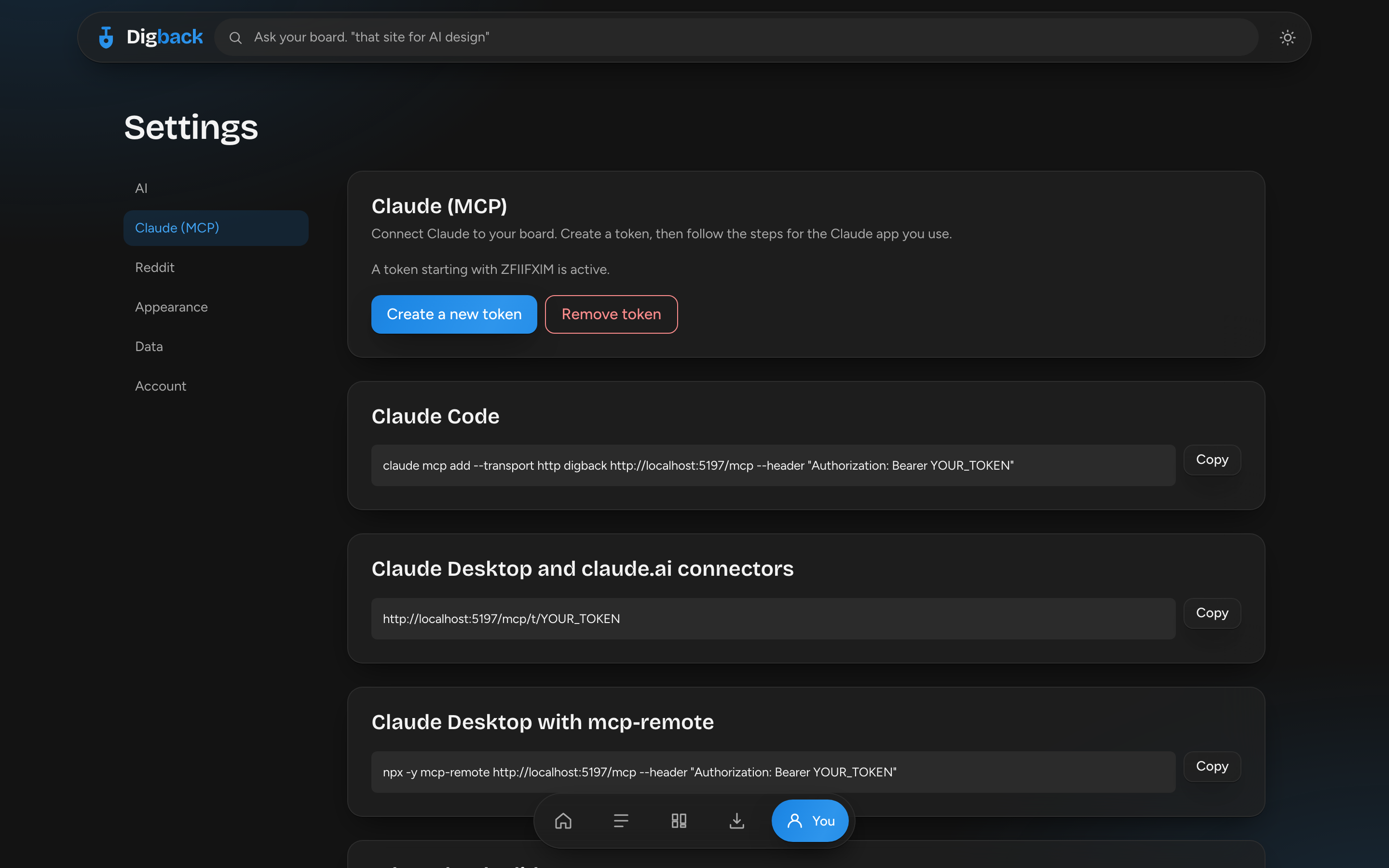 The Claude settings screen in Digback with a connection token and activity list