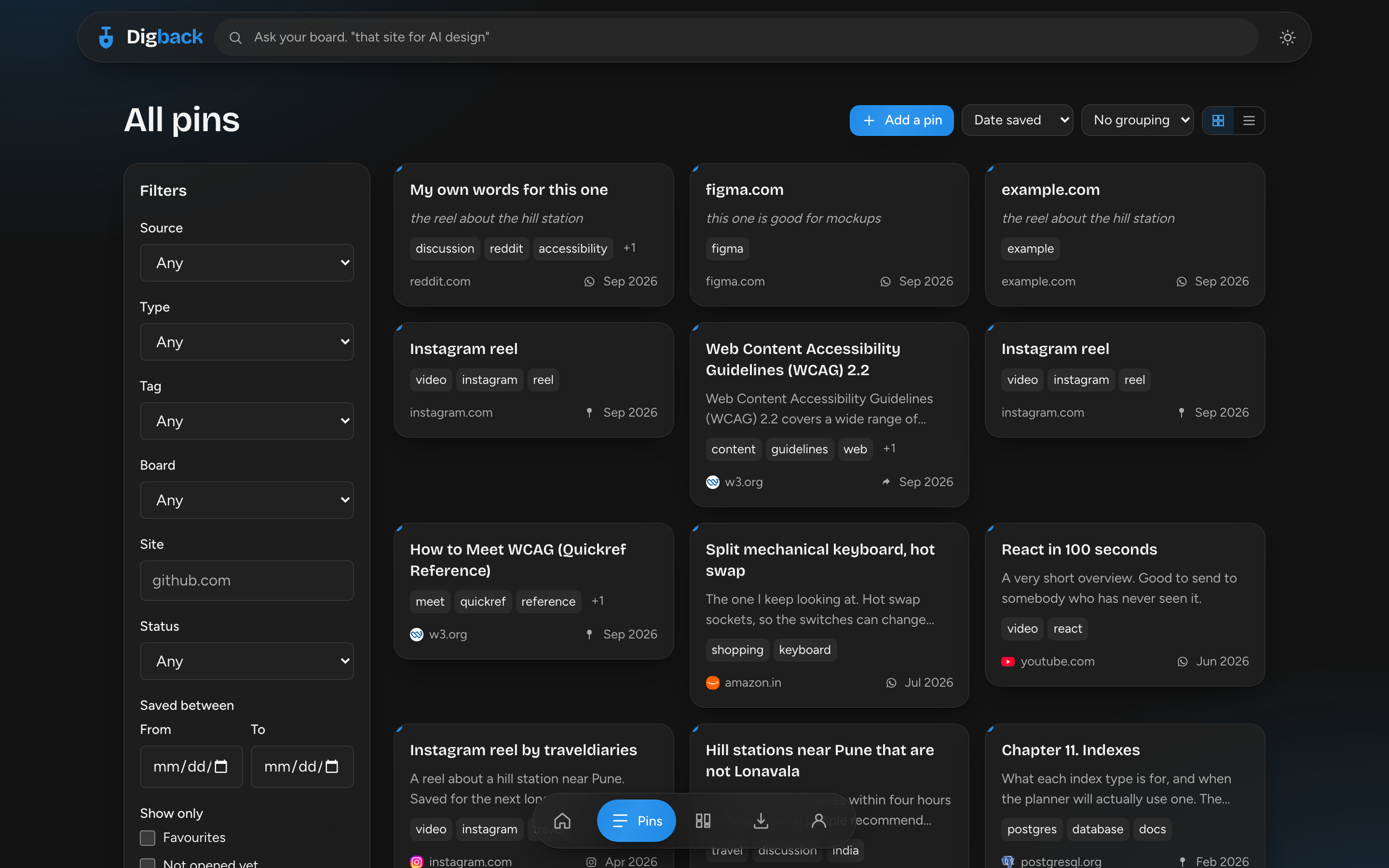 A board of saved links with titles, descriptions and tags